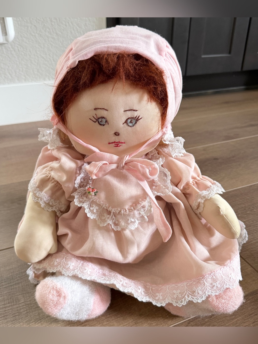 Vintage Handcrafted Soft Sculptured Old Doll Pink Dress Bonnet 21” Socks Daddy